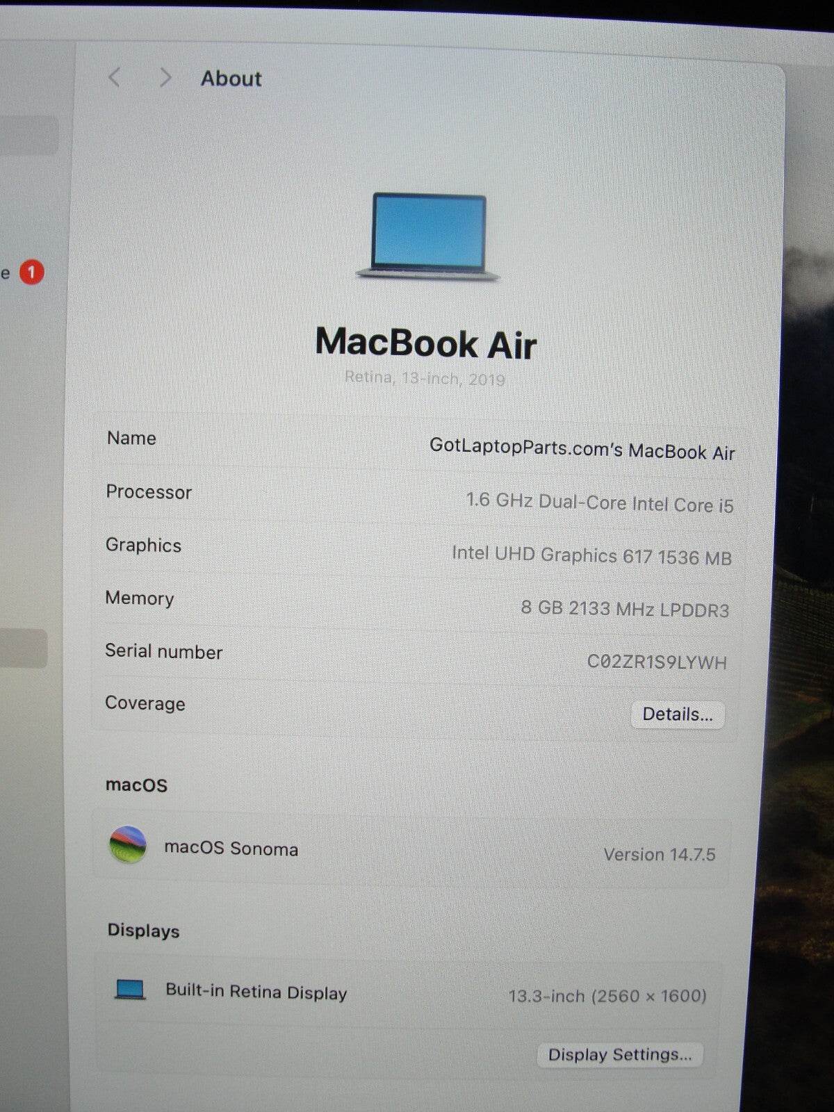 Apple MacBook Air A1932 (2019) 13.3” i5-8210Y 1.6GHz 8GB 256GB SSD / Sonoma/ - Tested Computer Laptop Parts