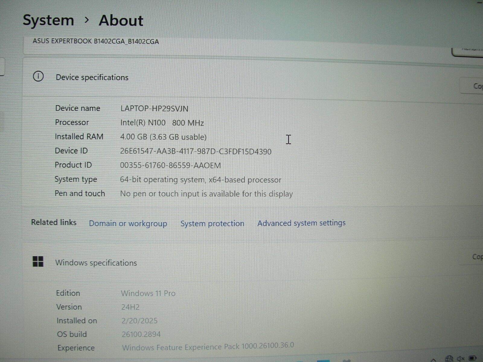 WARRANTY Asus ExpertBook B1402CGA 14” FHD Intel N100 800Mhz 4GB SSD Reset 128GB - Tested Computer Laptop Parts