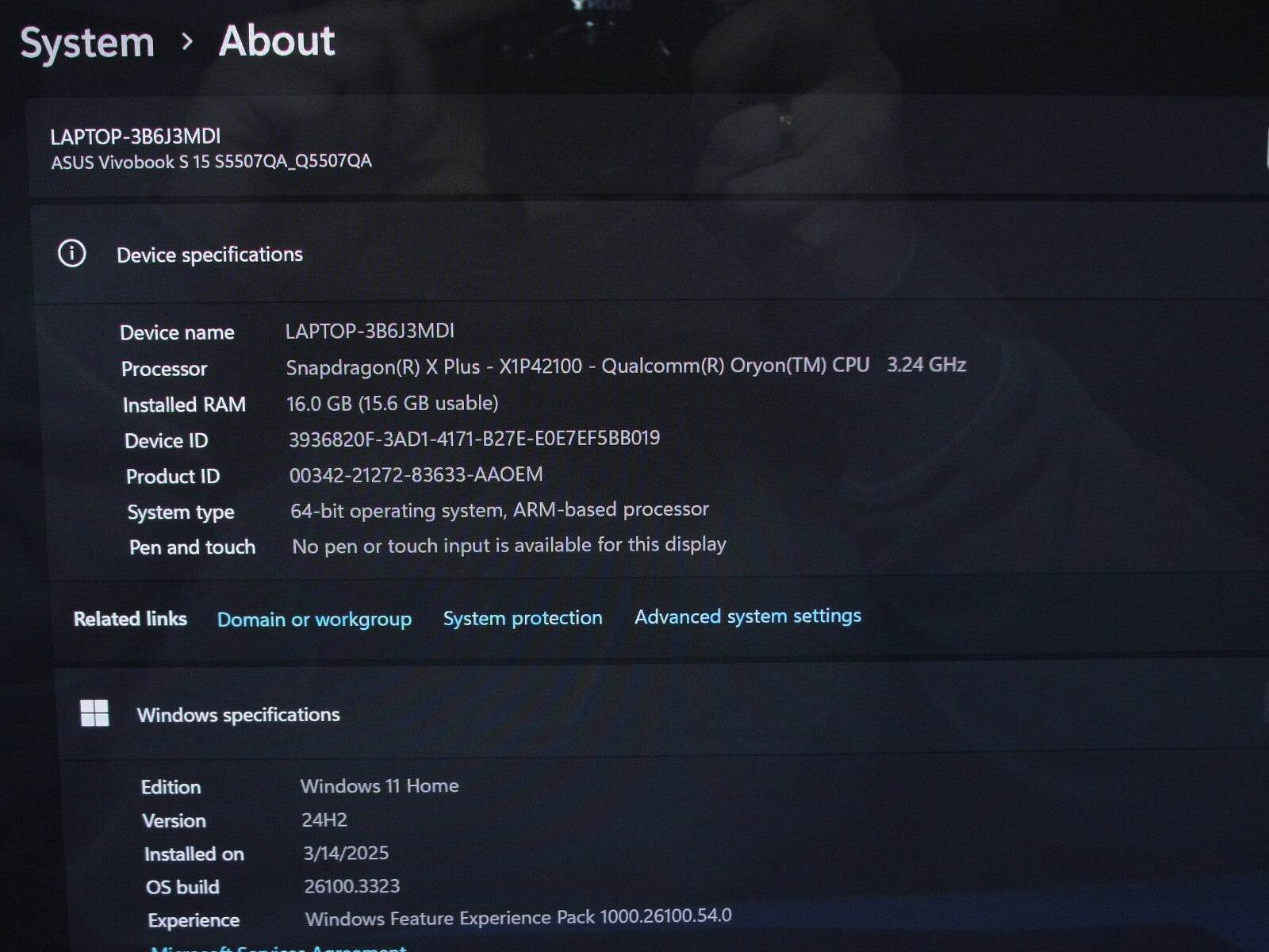 Asus VivoBook S 15 S5507QA 15.6”WQXGA+ Snapdragon X Plus X1P42100 3.2GH 16GB - Tested Computer Laptop Parts