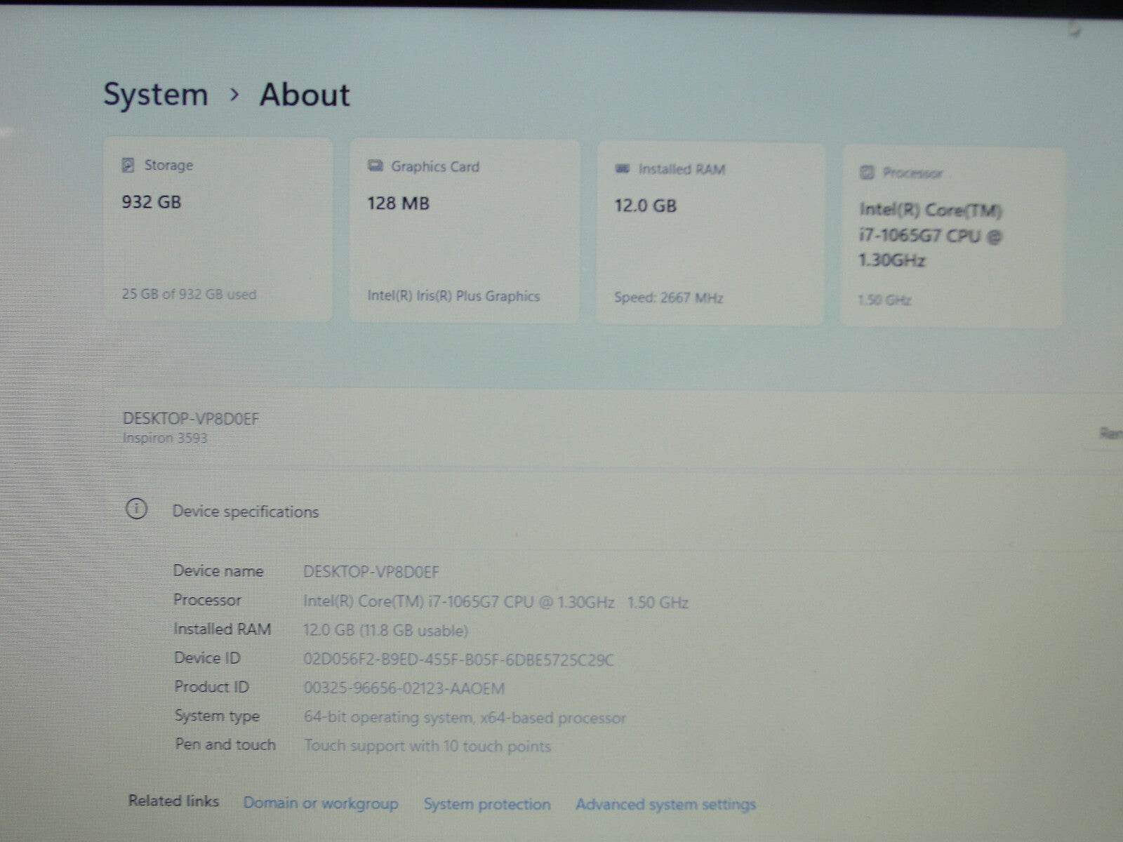 Dell Inspiron 3593 15.6” TOUCH FHD Core i7-1065G7 1.3GHz 12GB 1TB HDD + Charger - Tested Computer Laptop Parts