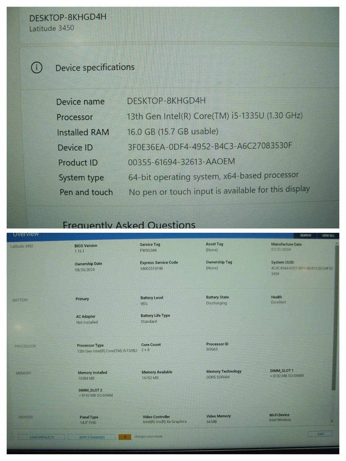 Dell Latitude 3450 14”FHD i5-1335U 1.3GHz 16GB 256GB +PA Warranty 08/2027 - Tested Computer Laptop Parts