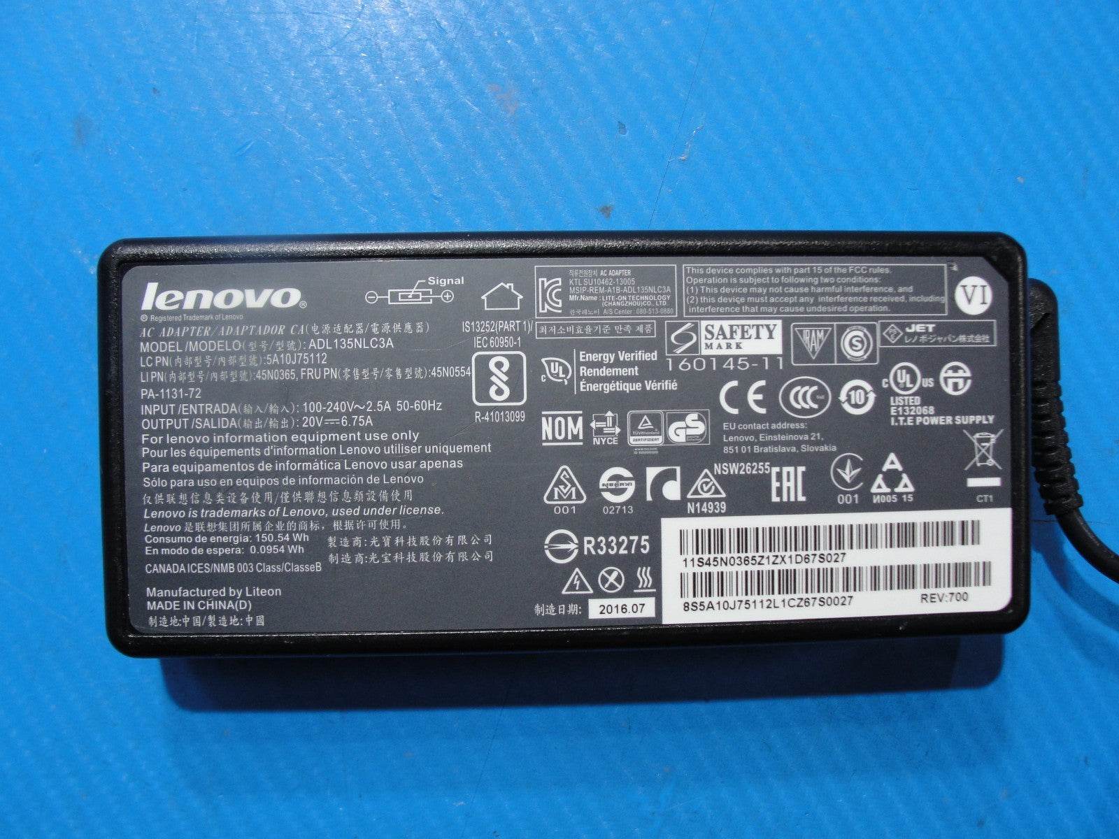 Genuine Lenovo 135W AC Adapter – 20V 6.75A – Yellow Slim Tip with Center Pin - Tested Computer Laptop Parts