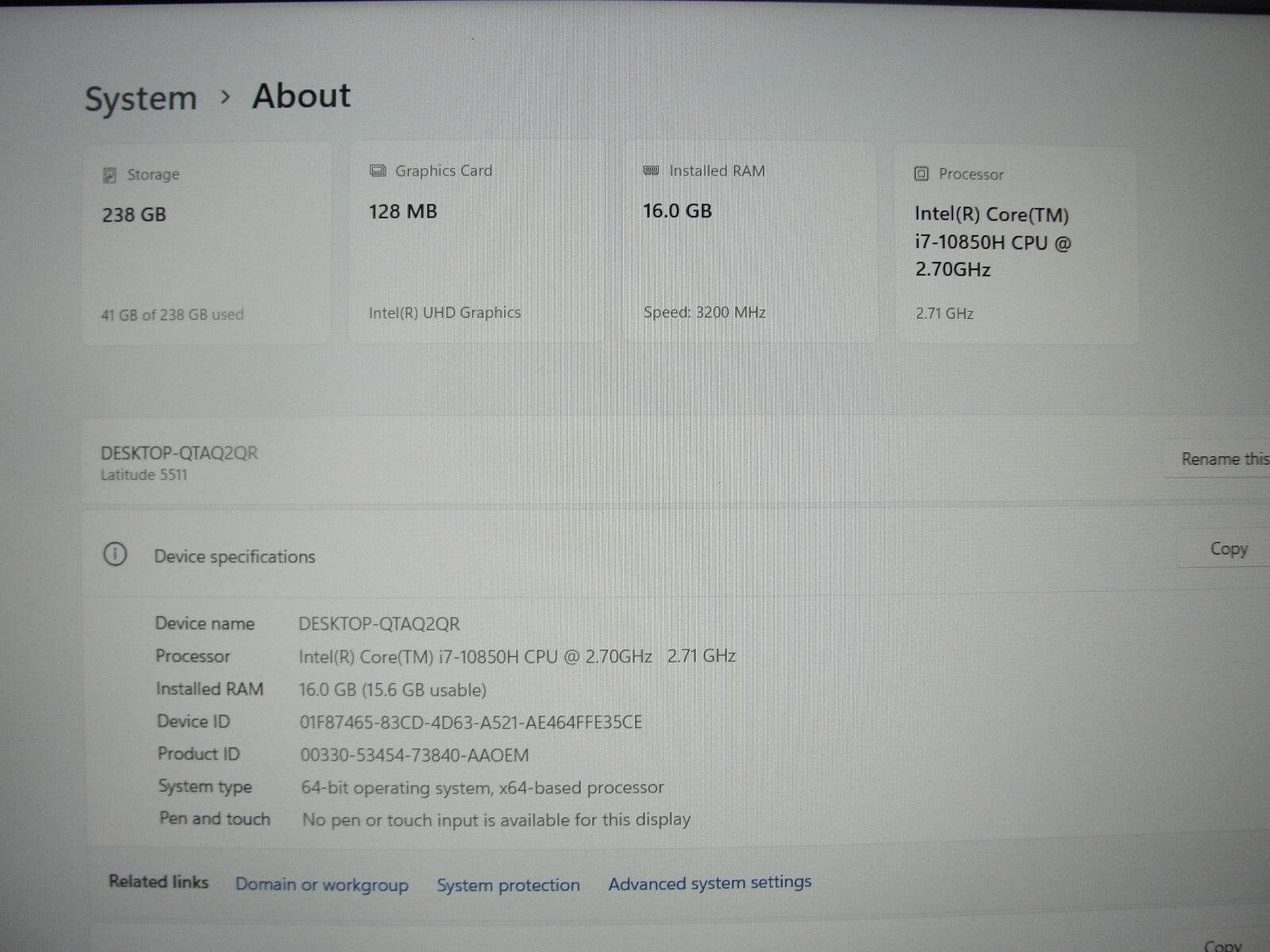 Dell Latitude 5511 15.6”FHD Intel Core i7-10850H 2.7GHz 16GB 256GB SSD - Tested Computer Laptop Parts