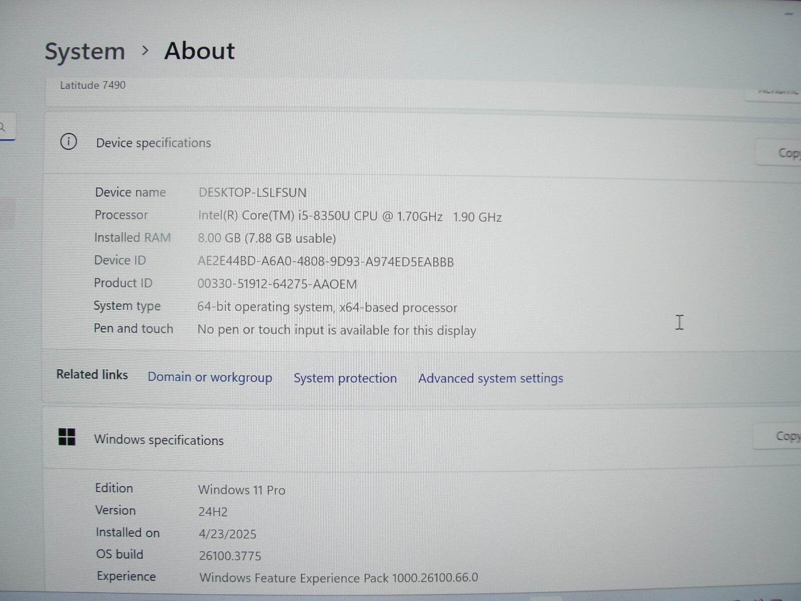 Dell Latitude 7490 14”FHD Intel Core i5-8350U 1.7GHz 8GB 256GB SSD + Charger - Tested Computer Laptop Parts