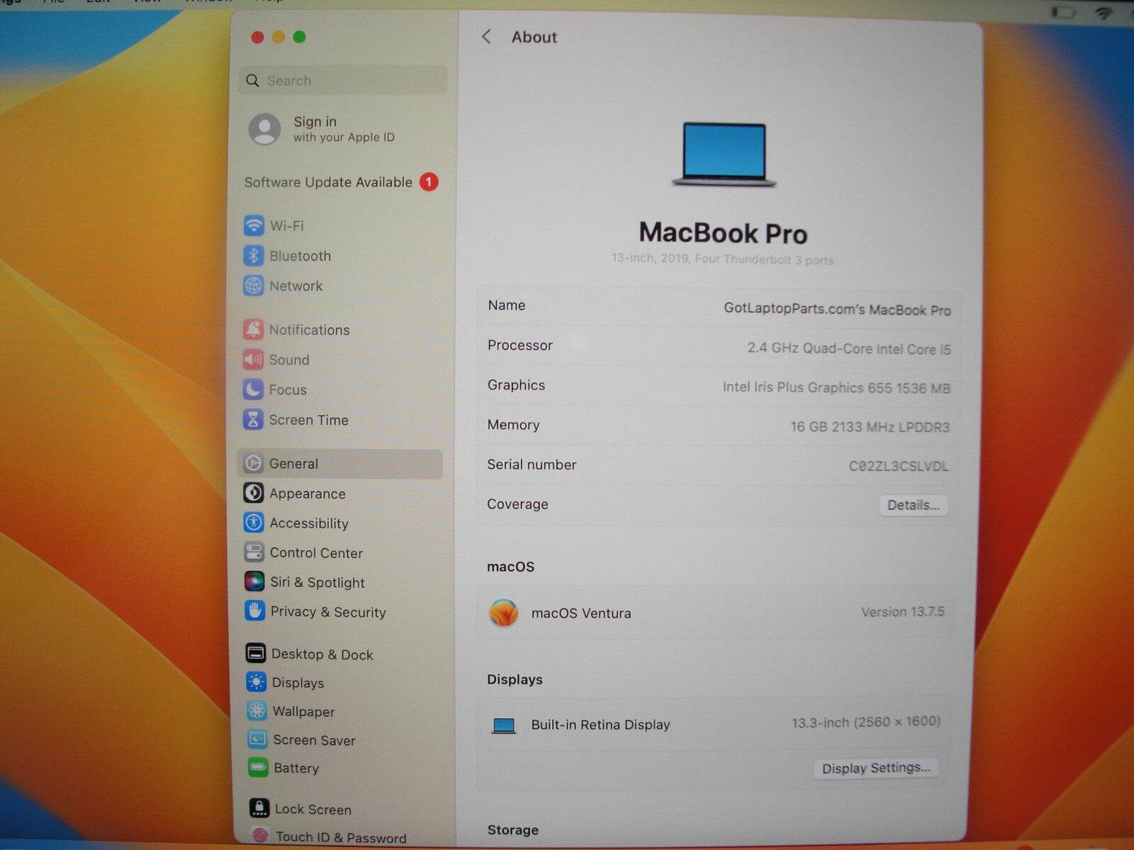 Apple Macbook Pro A1989(2019) 13”Retina i5-8279U 1.6GHz 16GB 256GB SSD / VENTURA - Tested Computer Laptop Parts