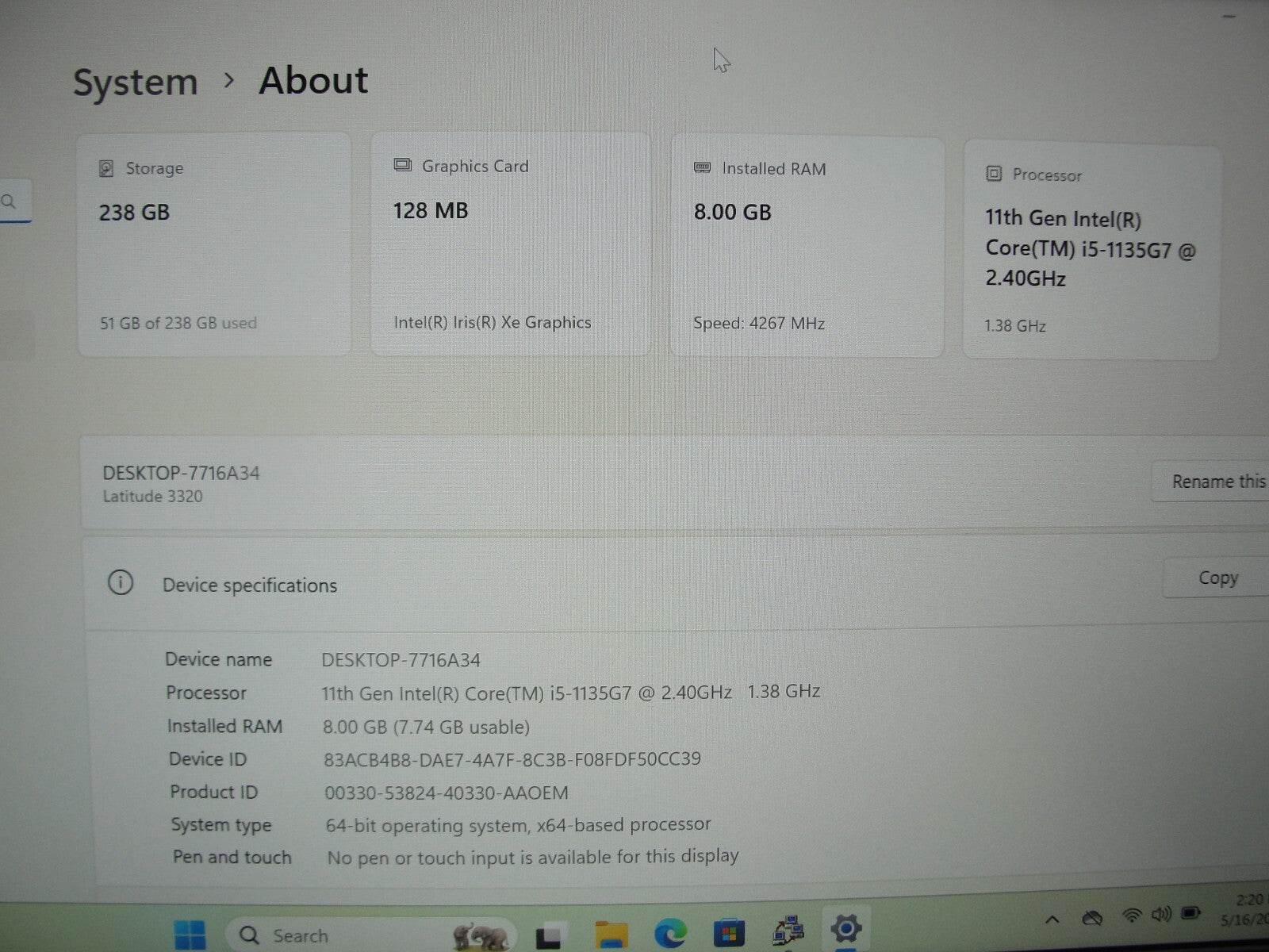 Dell Latitude 3320 13.3” FHD Intel Core i5-1135G7 2.4GHz 8GB 256GB SSD + Charger - Tested Computer Laptop Parts