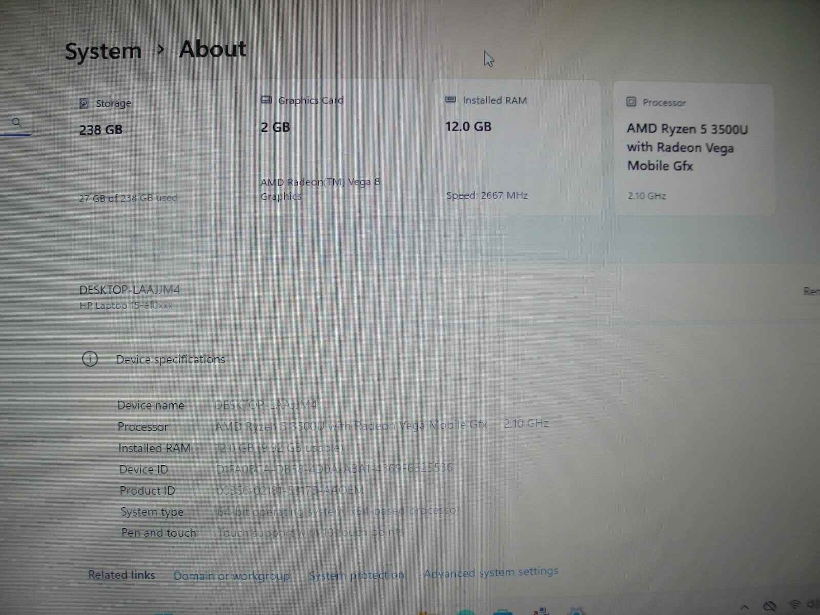 HP 15-ef0023dx 15.6”HD TOUCH AMD Ryzen 5 3500U 2.1GHz 12GB 256GB SSD+Charger - Tested Computer Laptop Parts