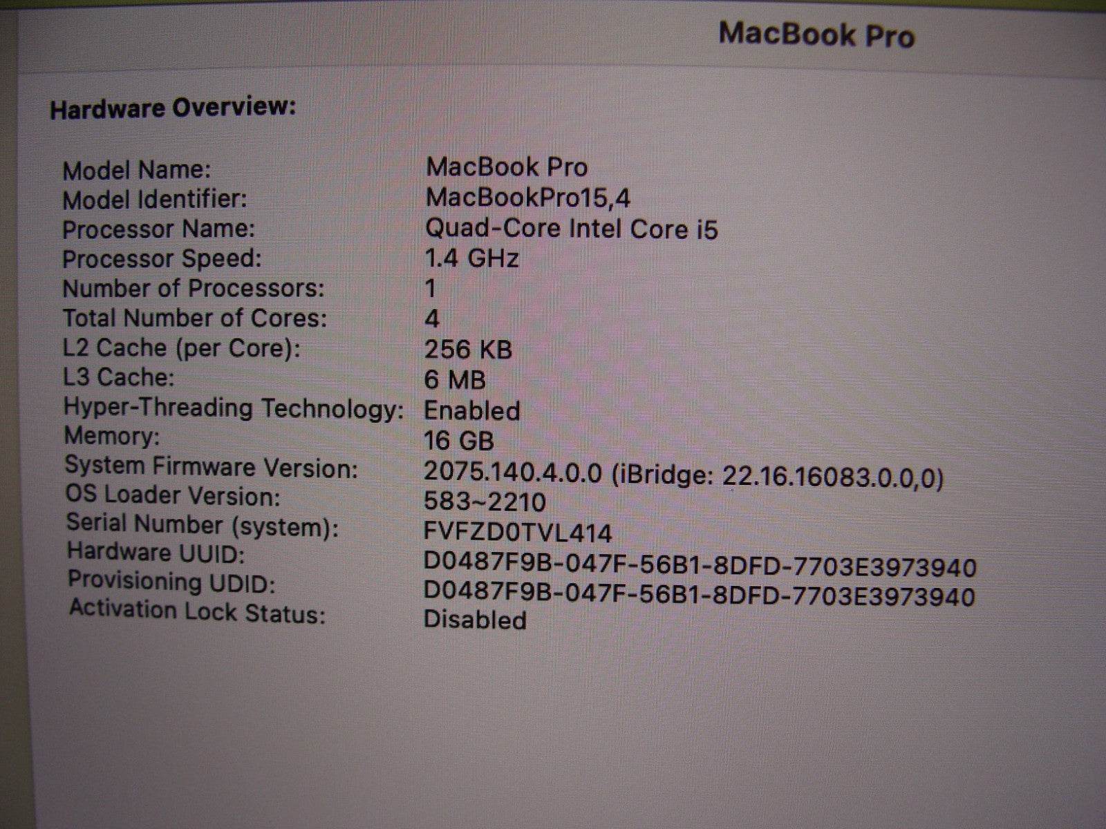 Apple MacBook Pro 13”(2019) A2159 i5-8257U 1.4GHz 16GB 256GB MUHN2LL/A 283cycles - Tested Computer Laptop Parts