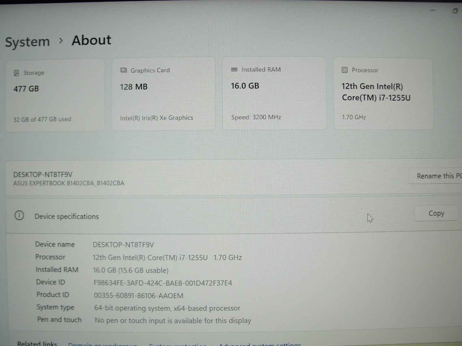 Asus ExpertBook B1402CBA 14”FHD Core i7-1255U 1.7GHz 16GB 512GB SSD+Charger - Tested Computer Laptop Parts