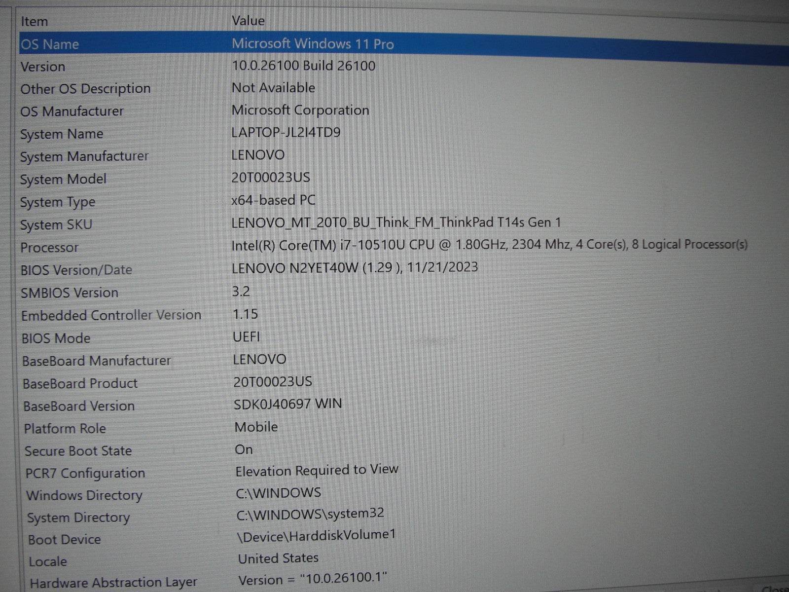 Lenovo ThinkPad T14s Gen 1 14”FHD Core i7-10510U 1.8GHz 8GB SSD Reset 512GB - Tested Computer Laptop Parts
