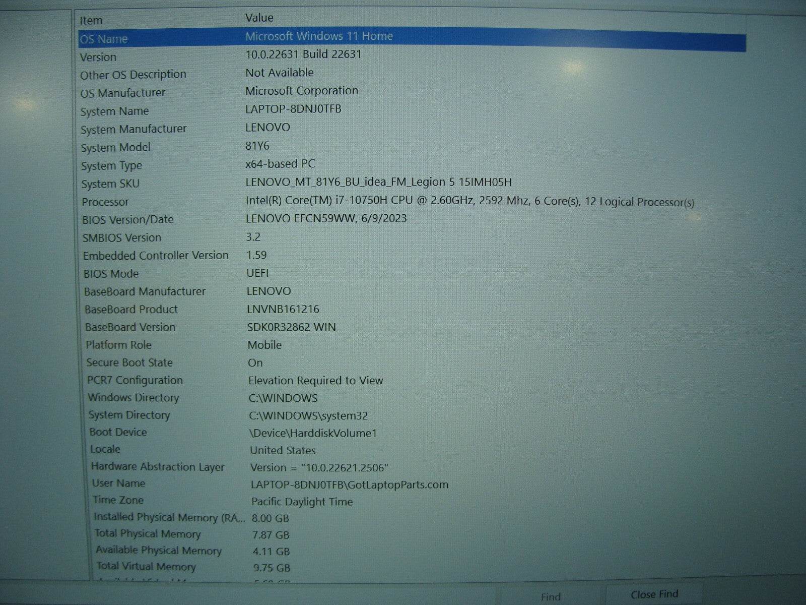Lenovo Legion 5-15IMH05H 15.6” FHD 120hz i7-10750H 2.6GHz 8GB 512GB GTX1660 Ti - Tested Computer Laptop Parts