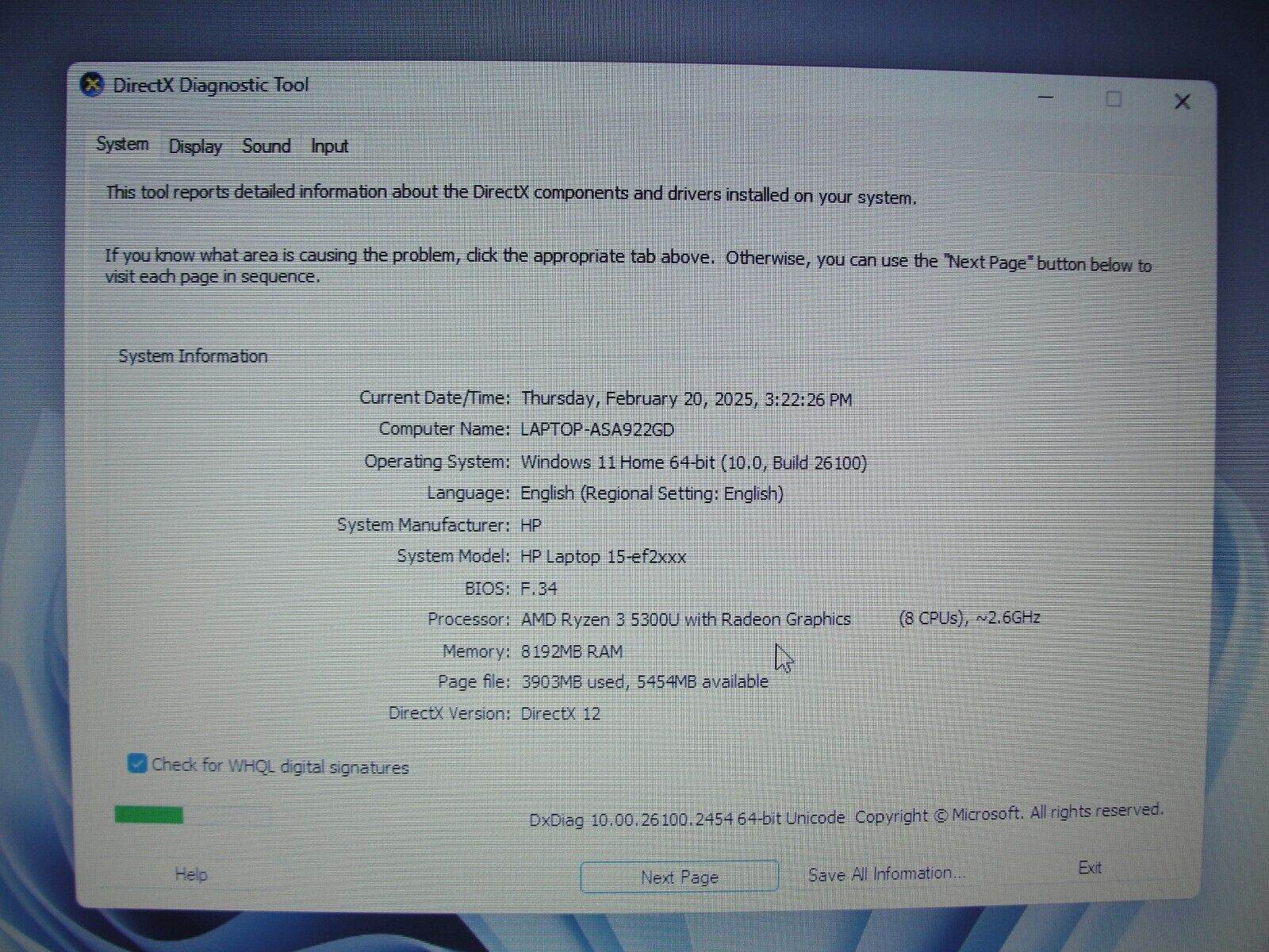 HP 15-EF2033DX 15.6” HD AMD Ryzen 3 5300U 2.6GHz 8GB SSD Reset 256GB- Charger - Tested Computer Laptop Parts