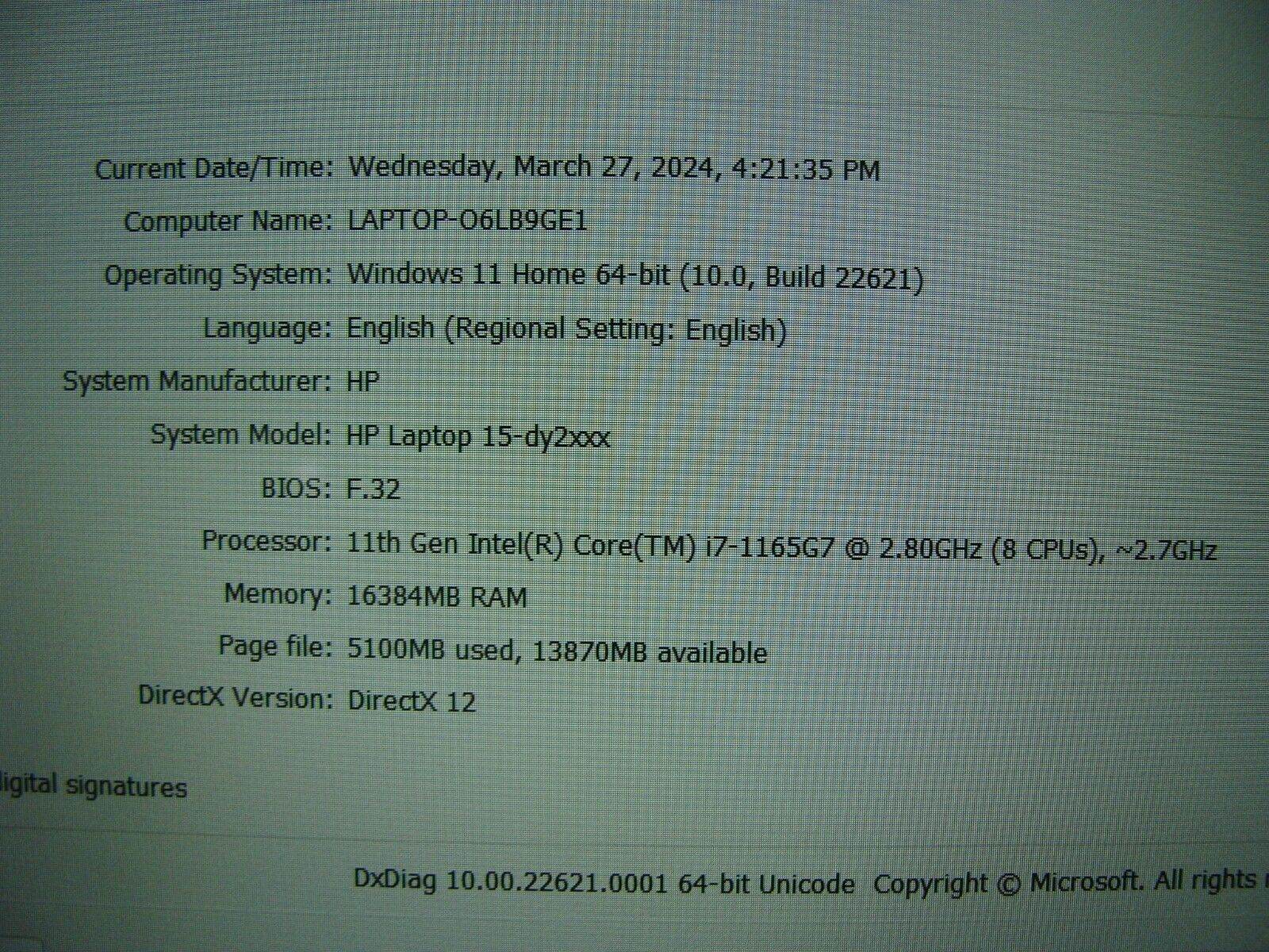 HP Laptop 15-dy2073dx Intel i7-1165G7 2.8GHz 16GB 512GB 100% Battery +Charger - Tested Computer Laptop Parts