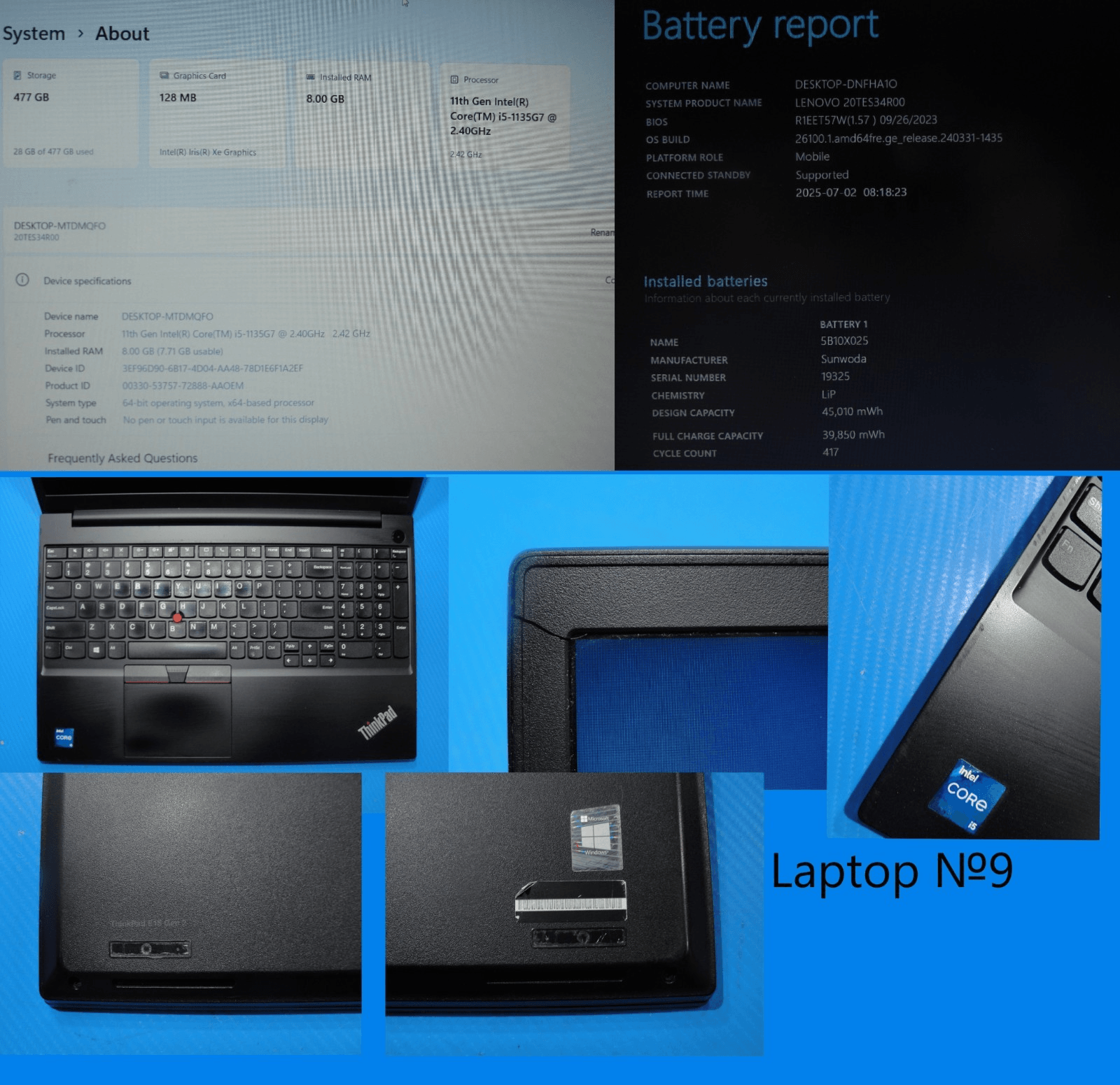 Lenovo ThinkPad E15 Gen 2 15.6”FHD Core i5-1135G7 2.4GHz 8GB SSD Reset 512GB - Tested Computer Laptop Parts