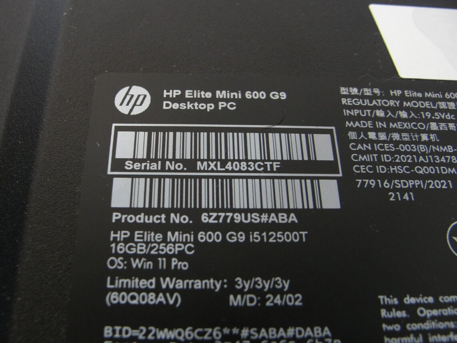 WRTY 2027 HP ELITE MINI 600 (G9) Intel Core i5-12500T (6-Core) 256GB 16GB Win11P