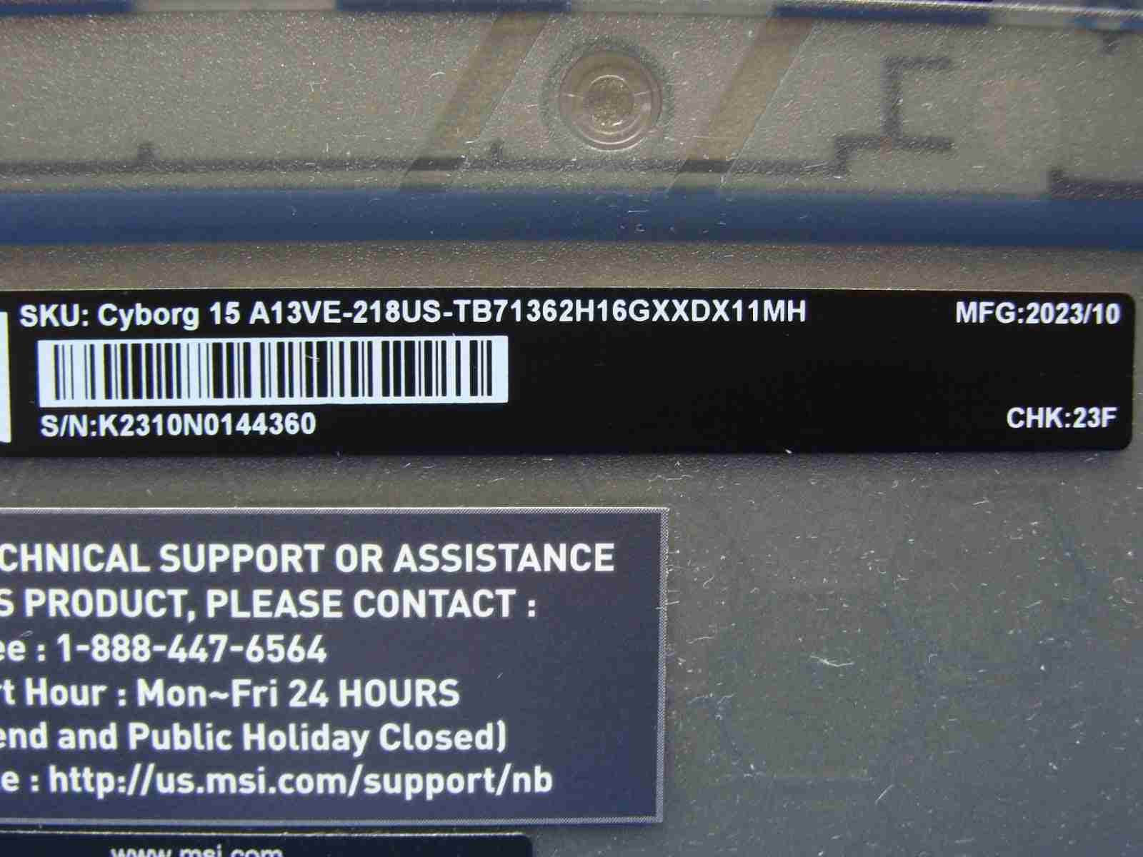 MSI Cyborg 15 A13 15.6'' FHD 144hz i7-13620H 2.4GHz 16GB 512GB RTX4050 Batt 81% - Tested Computer Laptop Parts