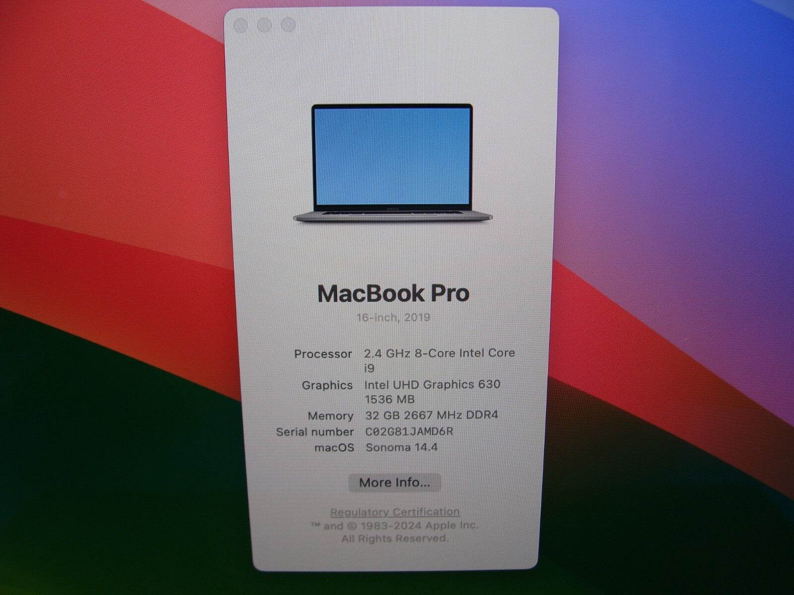 Apple MacBook Pro A2141 2019 i9-9980HK 2.4GHz 32GB 512GB Pro 5300M Excel Battery - Tested Computer Laptop Parts