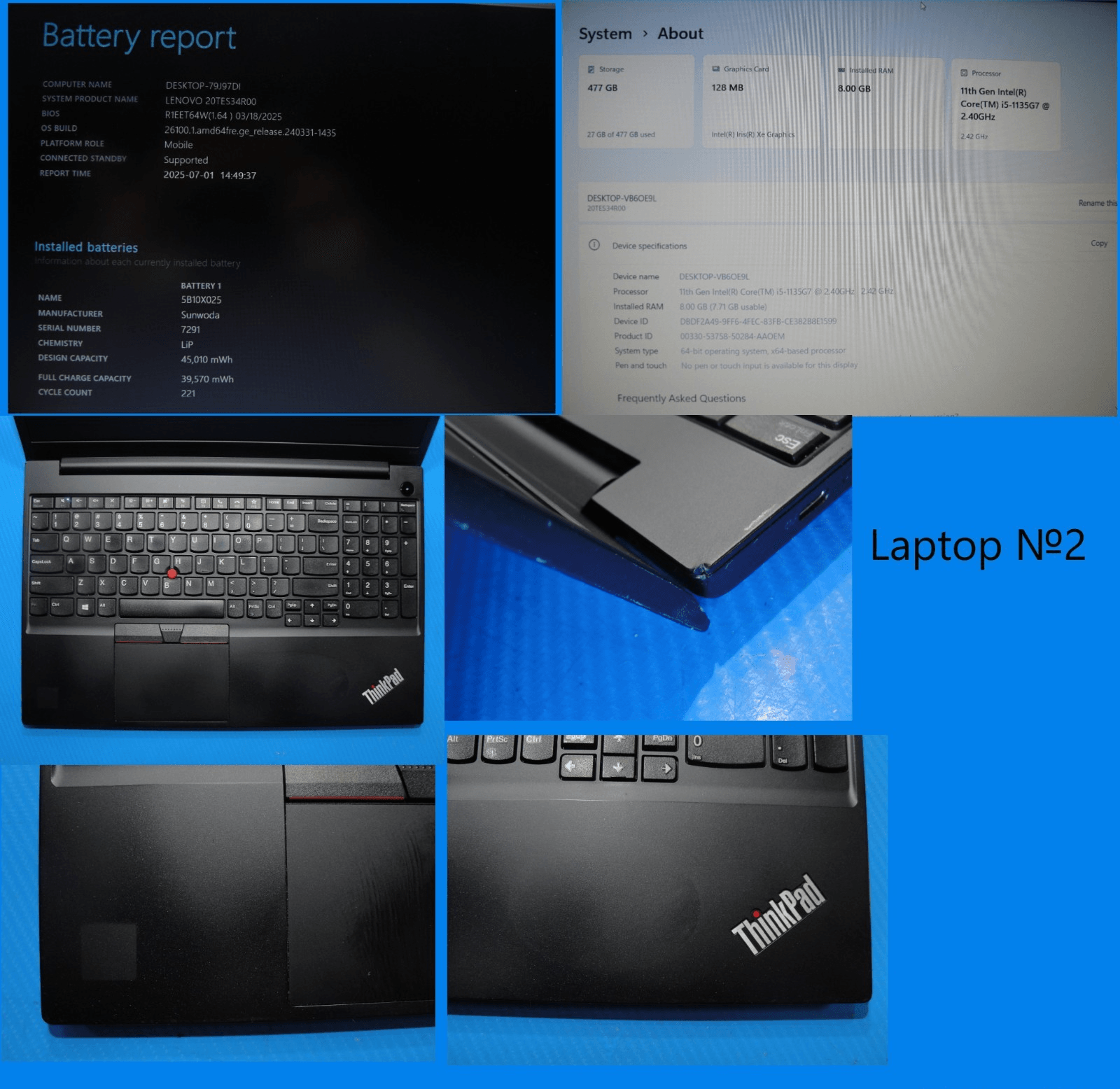 Lenovo ThinkPad E15 Gen 2 15.6”FHD Core i5-1135G7 2.4GHz 8GB SSD Reset 512GB - Tested Computer Laptop Parts