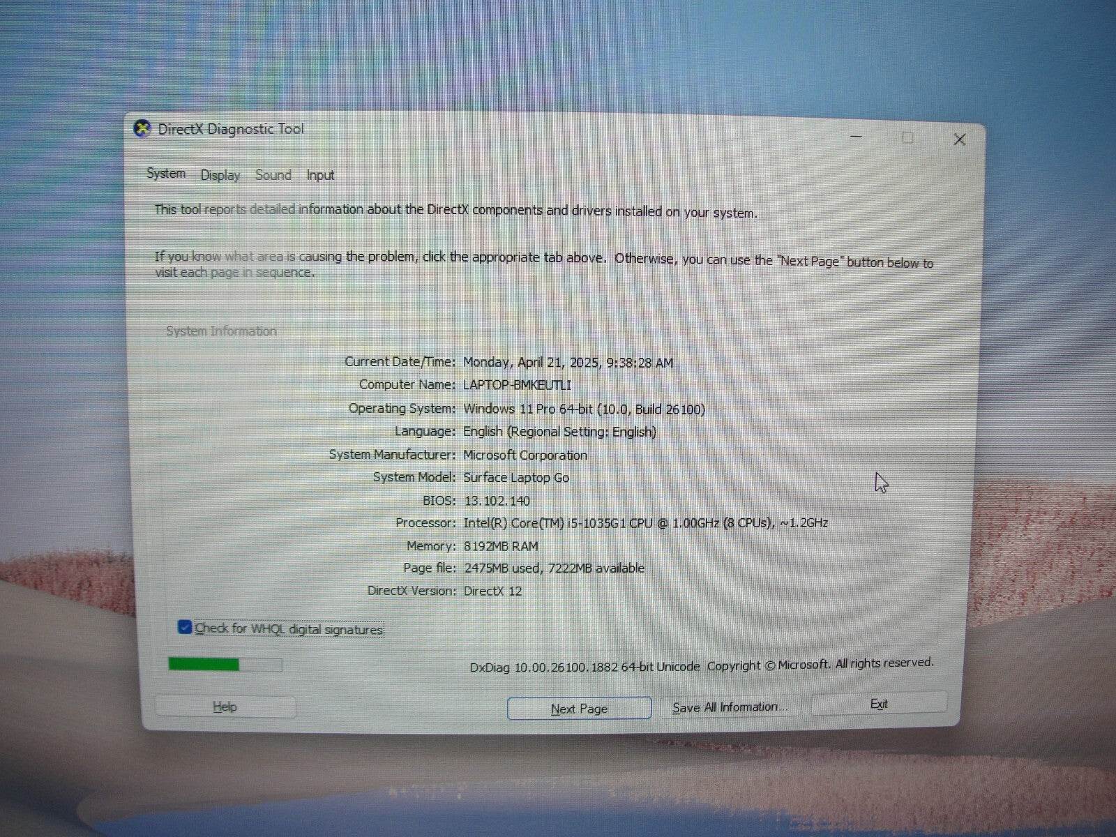Microsoft Surface laptop Go 1943 12.4” TOUCH HD i5-1035G1 1GHz 8GB 128GB SSD - Tested Computer Laptop Parts