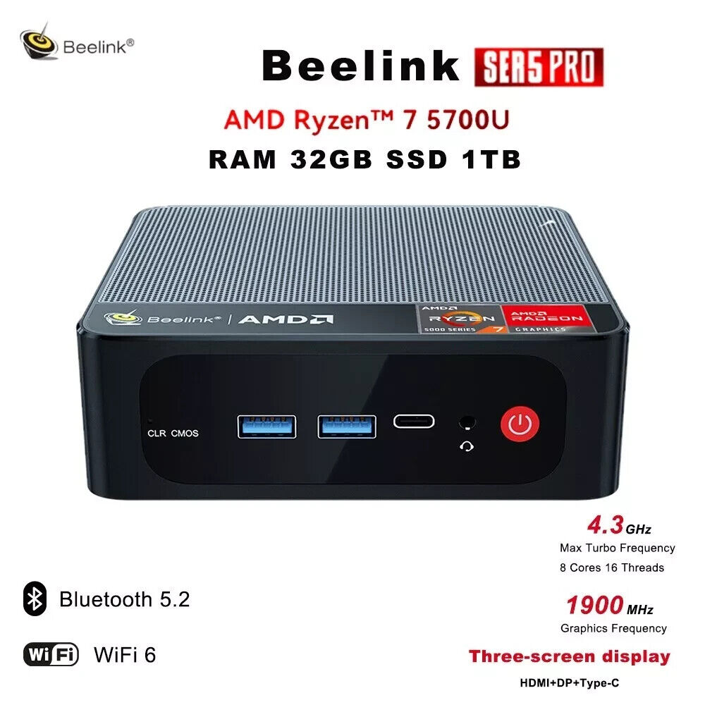 Beelink SER5 Pro AMD Ryzen 7 5700U Gaming Office Mini PC to-4.3GHz 32GB 1TB DDR4