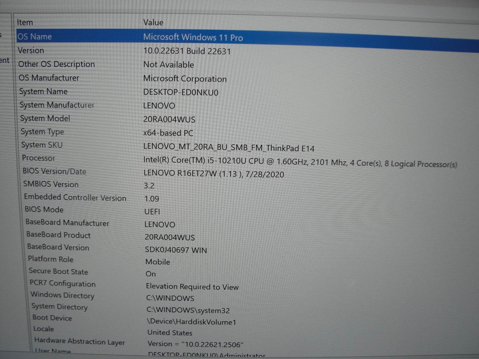 Lenovo ThinkPad E14 14”FHD Intel Core i5-10210U 1.6GHz 8GB HDD Reset 1TB+Charger - Tested Computer Laptop Parts