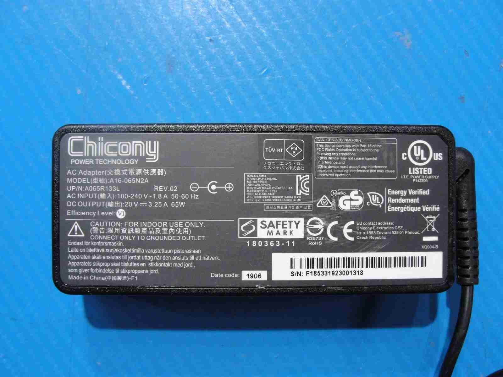 Original Chicony 65W AC Adapter 20V 3.25A – 5.5×2.5mm Black Tip No Center Pin - Tested Computer Laptop Parts