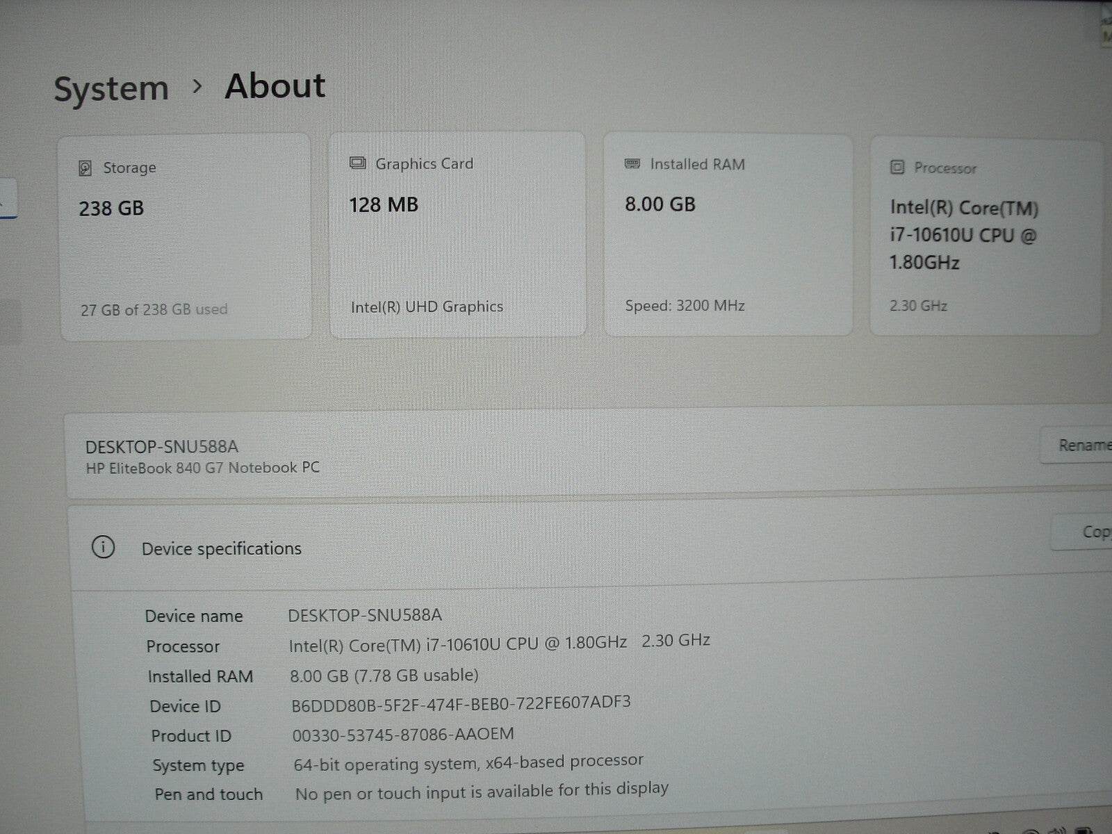 HP EliteBook 840 G7 14” FHD Intel Core i7-10610U 1.8GHz 8GB 256GB SSD + Charger - Tested Computer Laptop Parts