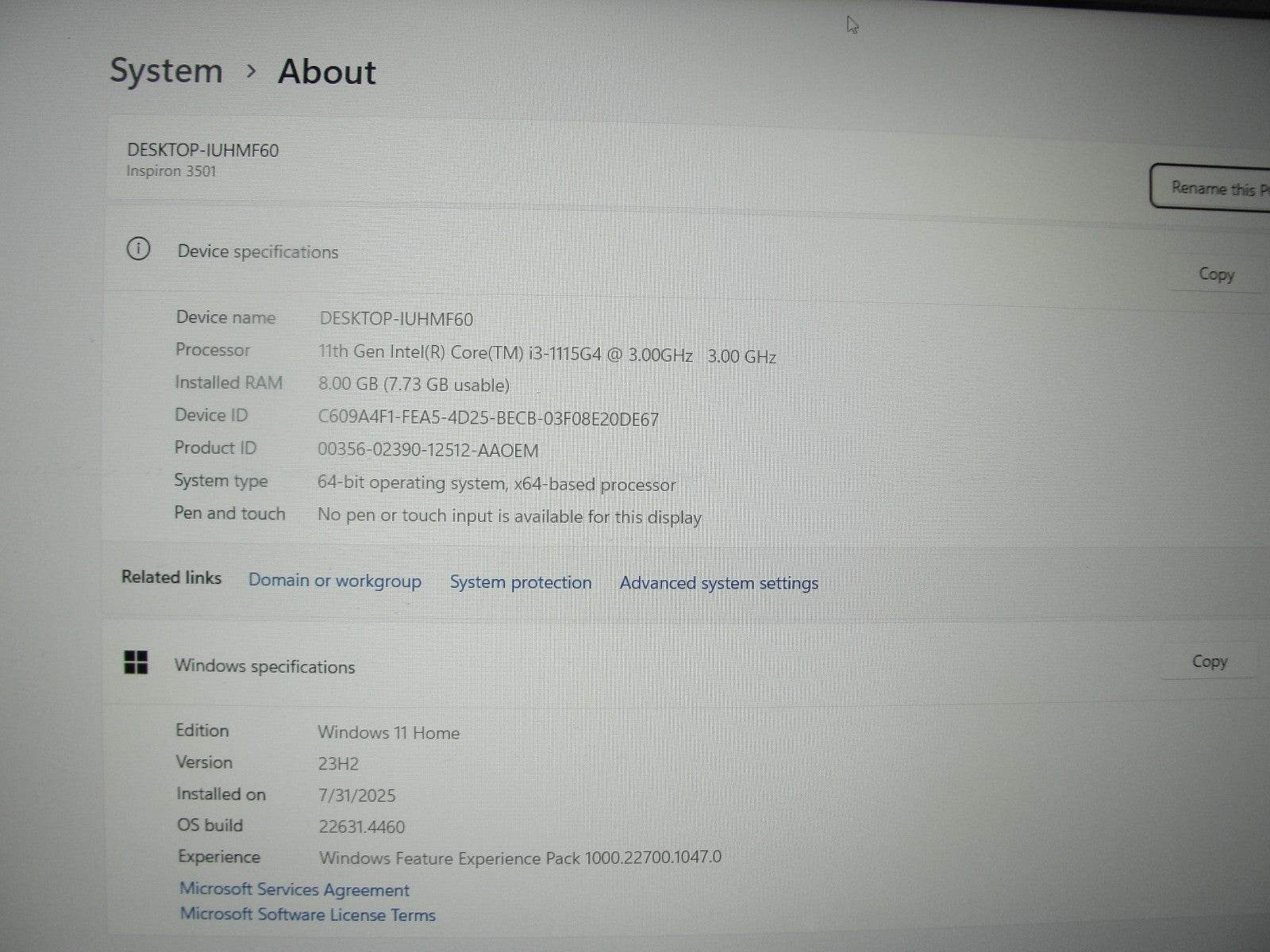 Dell Inspiron 3501 15.6”FHD Core i3-1115G4 3GHz 8GB SSD Reset 128GB+Charger - Tested Computer Laptop Parts