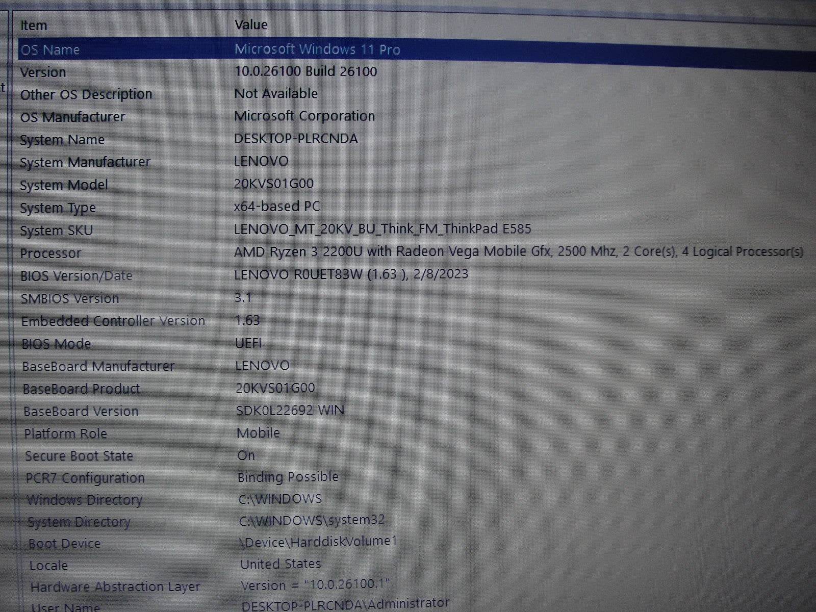 Lenovo ThinkPad E585 15.6” FHD AMD Ryzen 3 2200U 2.5GHz 4GB 240GB SSD - Tested Computer Laptop Parts