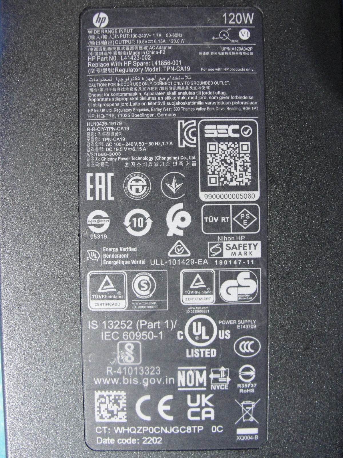 HP Gaming Power Adapter P/N:L41423-002 / TPN-CA19 / 120W - Tested Computer Laptop Parts