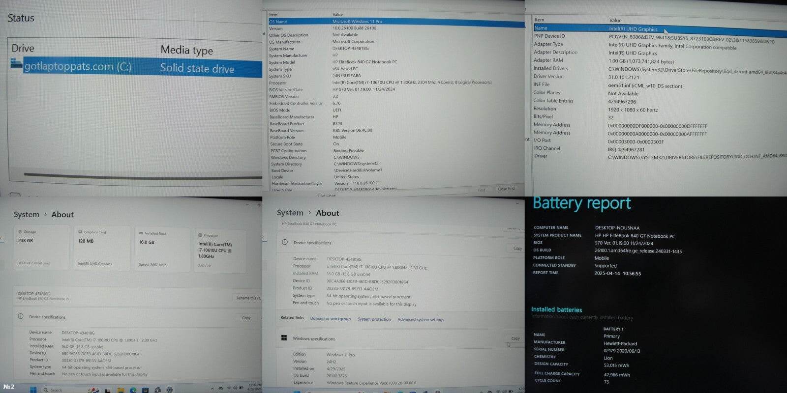 HP EliteBook 840 G7 14”FHD Intel Core i7-10610U 1.8GHz 16GB 256GB SSD+ Charger - Tested Computer Laptop Parts