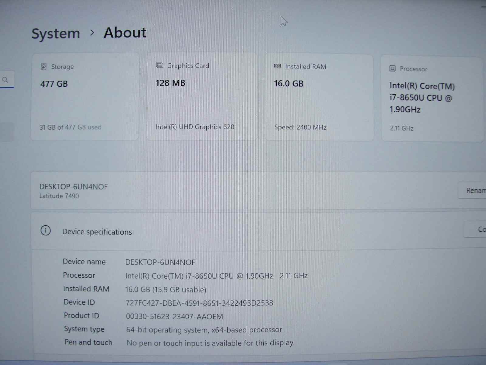 Dell Latitude 7490 14”FHD Intel Core i7-8650U 1.9GHz 16GB 512GB SSD +Charger - Tested Computer Laptop Parts