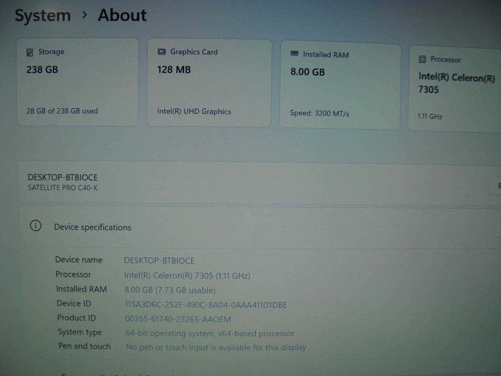 DynaBook Satellite Pro C40-K Intel Celeron 7305 1.1Ghz 8GB 256GB 100% Battery - Tested Computer Laptop Parts