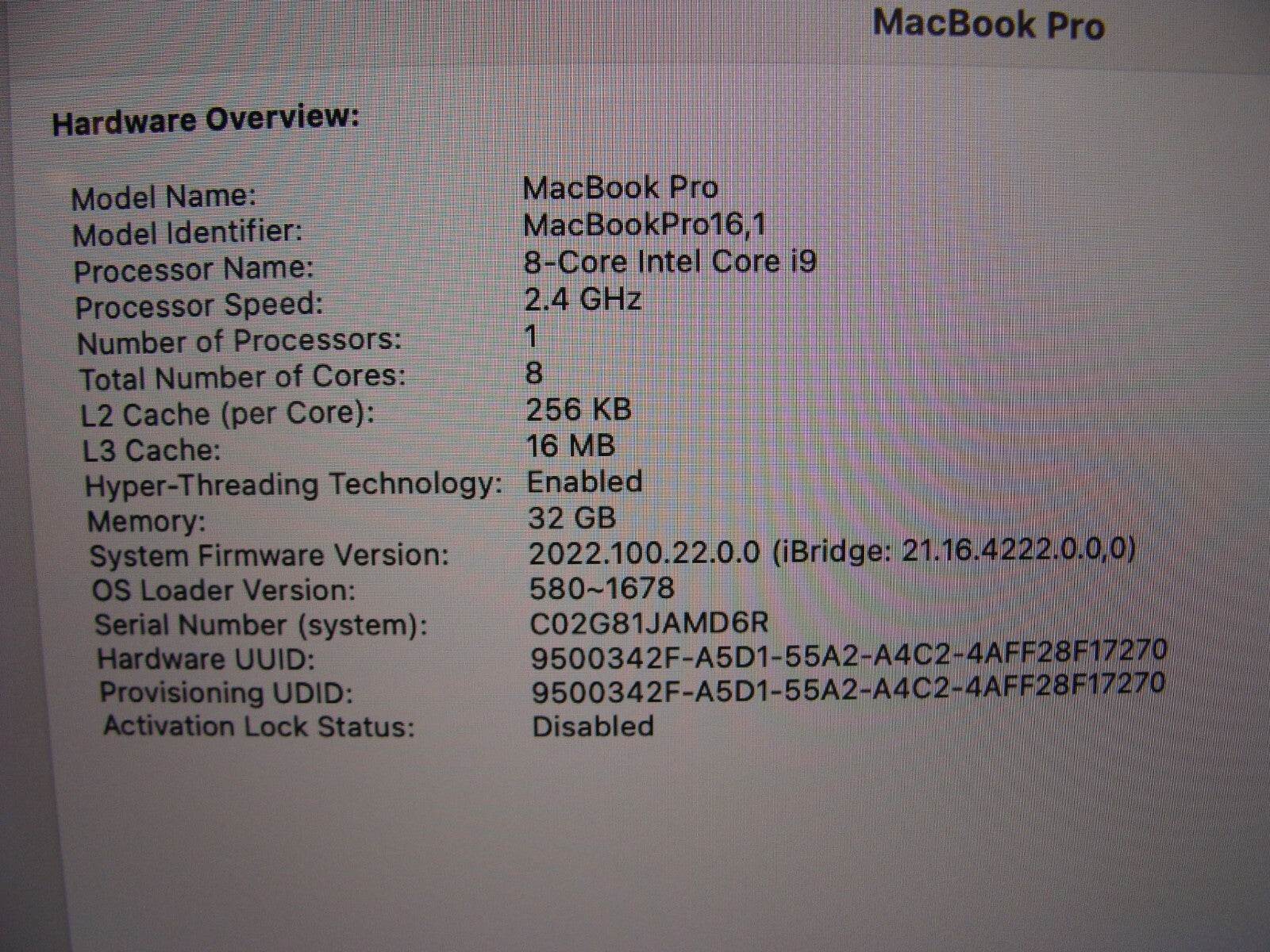 Apple MacBook Pro A2141 2019 i9-9980HK 2.4GHz 32GB 512GB Pro 5300M Excel Battery - Tested Computer Laptop Parts