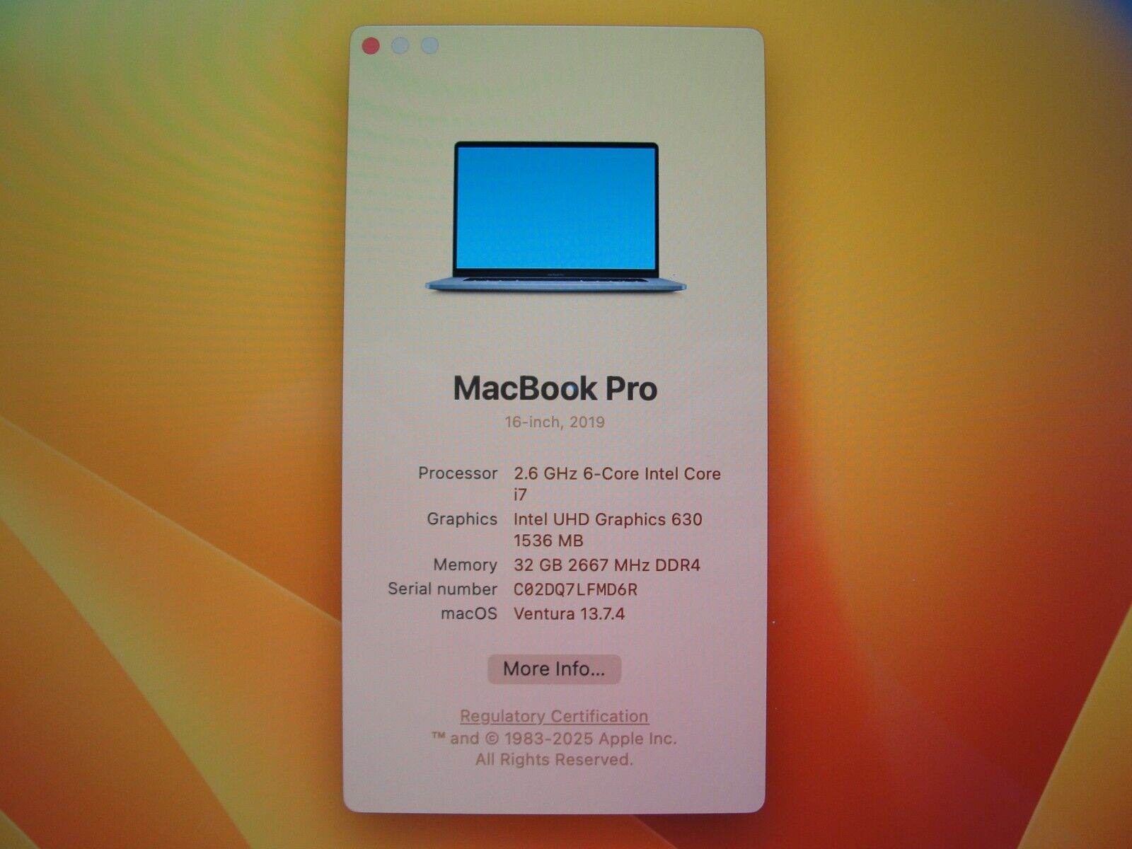 Apple Macbook Pro A 2141 MVVL2LL/A (2019)16”Retina i7-9750H 2.6GHz 32GB SSD 1TB - Tested Computer Laptop Parts