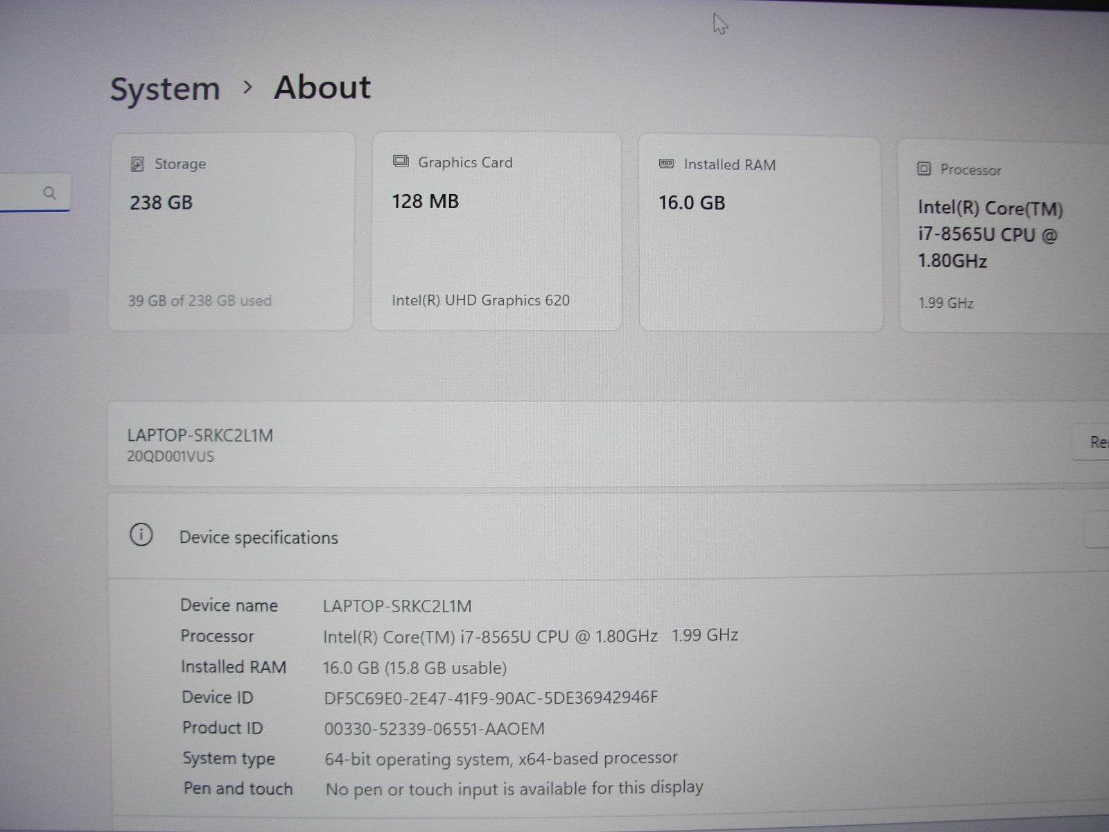 Lenovo ThinkPad X1 Carbon Gen 7 14”FHD Core i7-8565U 1.8GHz 8GB SSD Reset 256GB - Tested Computer Laptop Parts