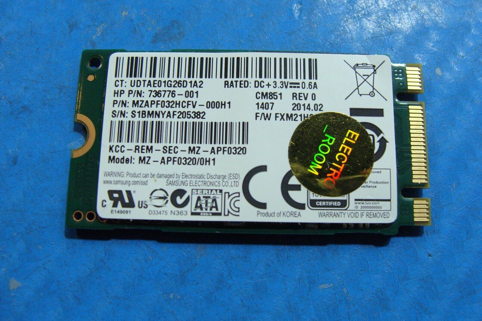 HP 14-q063cl Samsung 32GB M.2 SATA SSD MZAPF032HCFV-000H1 736776-001 - Tested Computer Laptop Parts