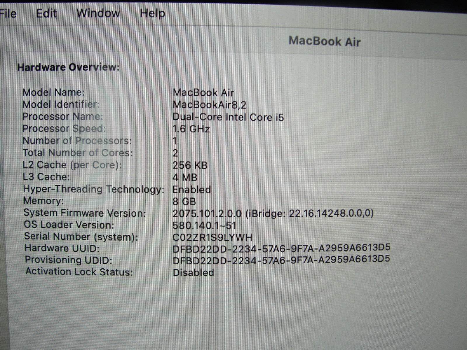 Apple MacBook Air A1932 (2019) 13.3” i5-8210Y 1.6GHz 8GB 256GB SSD / Sonoma/ - Tested Computer Laptop Parts