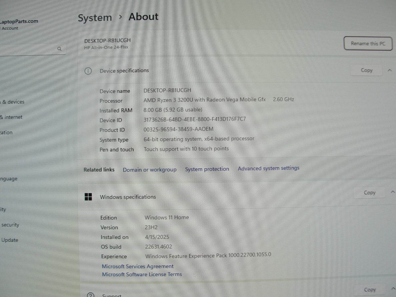 HP AIO 24-F1047C 24” TOUCH FHDAMD Ryzen 3 3200U 2.6GHz 8GB 1TB HDD + Charger - Tested Computer Laptop Parts