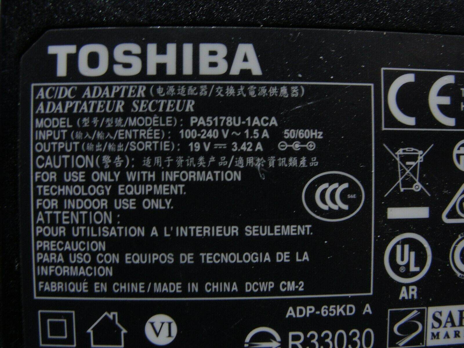 Genuine Toshiba AC Adapter Power Charger 19V 3.42A 65W PA5178U-1ACA G71C000H1110 - Tested Computer Laptop Parts