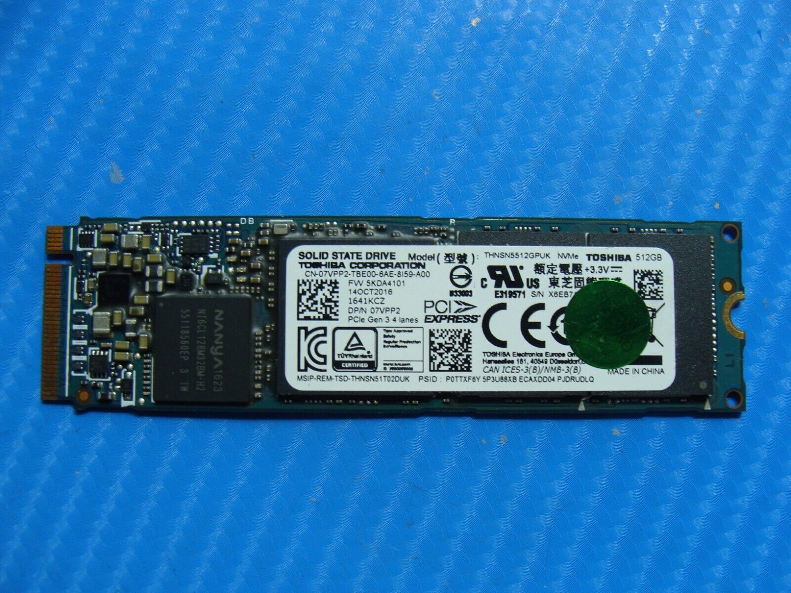 Dell 13 9350 Toshiba 512GB NVMe M.2 SSD Solid State Drive THNSN5512GPUK 7VPP2