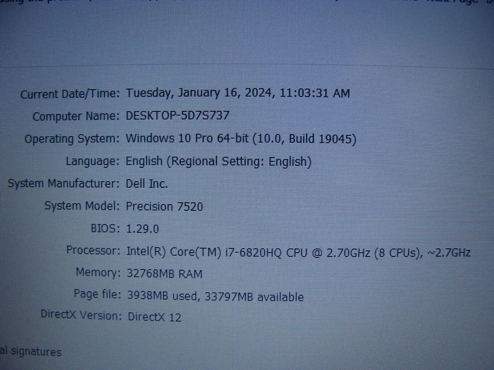 OB Deal PwR Dell Precision 7520 Intel i7-6820HQ 32GB SSD+HDD Nvidia Quadro M1200