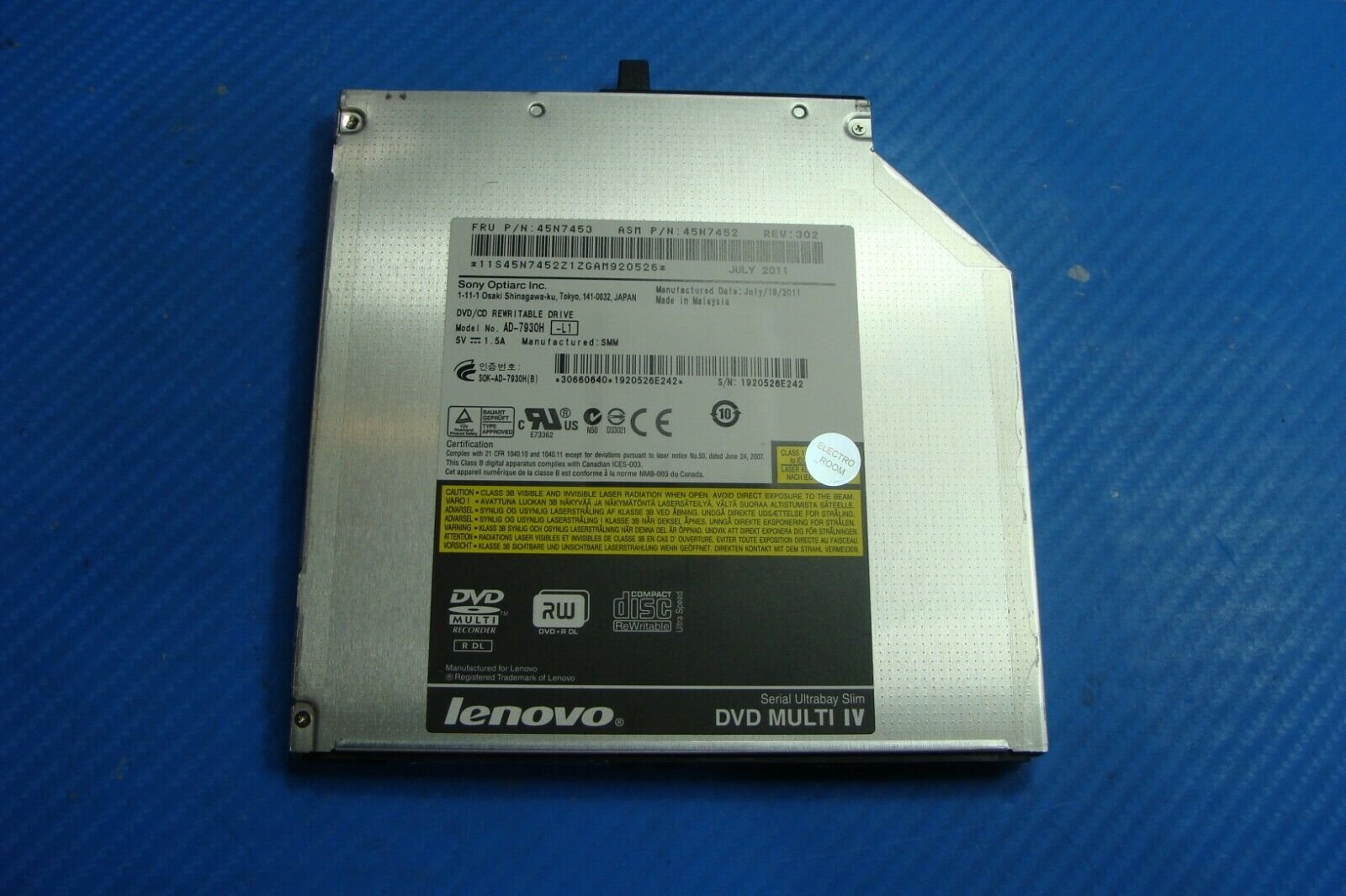 Lenovo ThinkPad T420s 4171-52U 14" Genuine DVD/CD-RW Burner Drive AD-7930H 