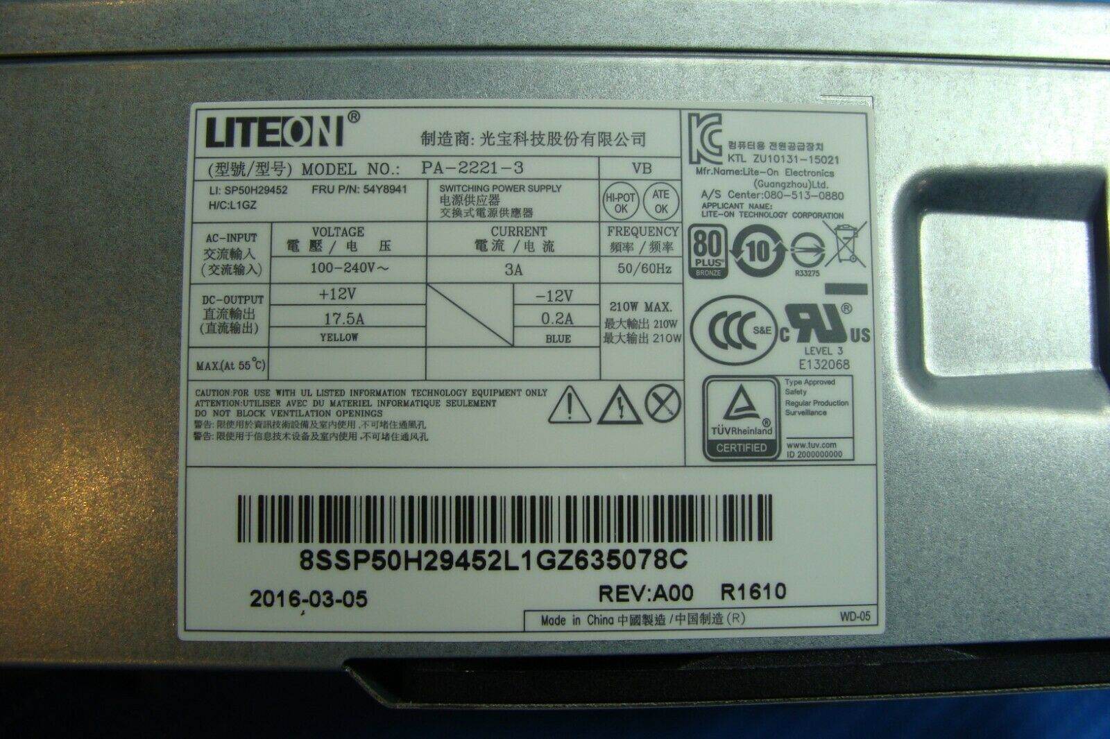 Lenovo Thinkcentre M800 Desktop LiteOn 210W Power Supply PA-2221-3 - Tested Computer Laptop Parts