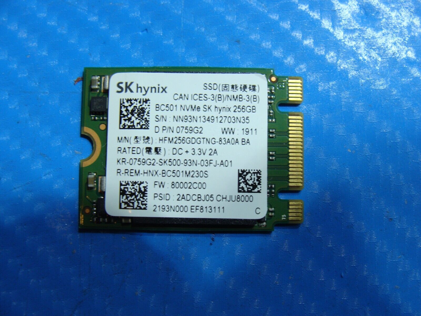 Dell 7386 SK Hynix 256Gb NVMe M.2 Ssd Solid State Drive 759G2 HFM256GDGTNG-83A0A