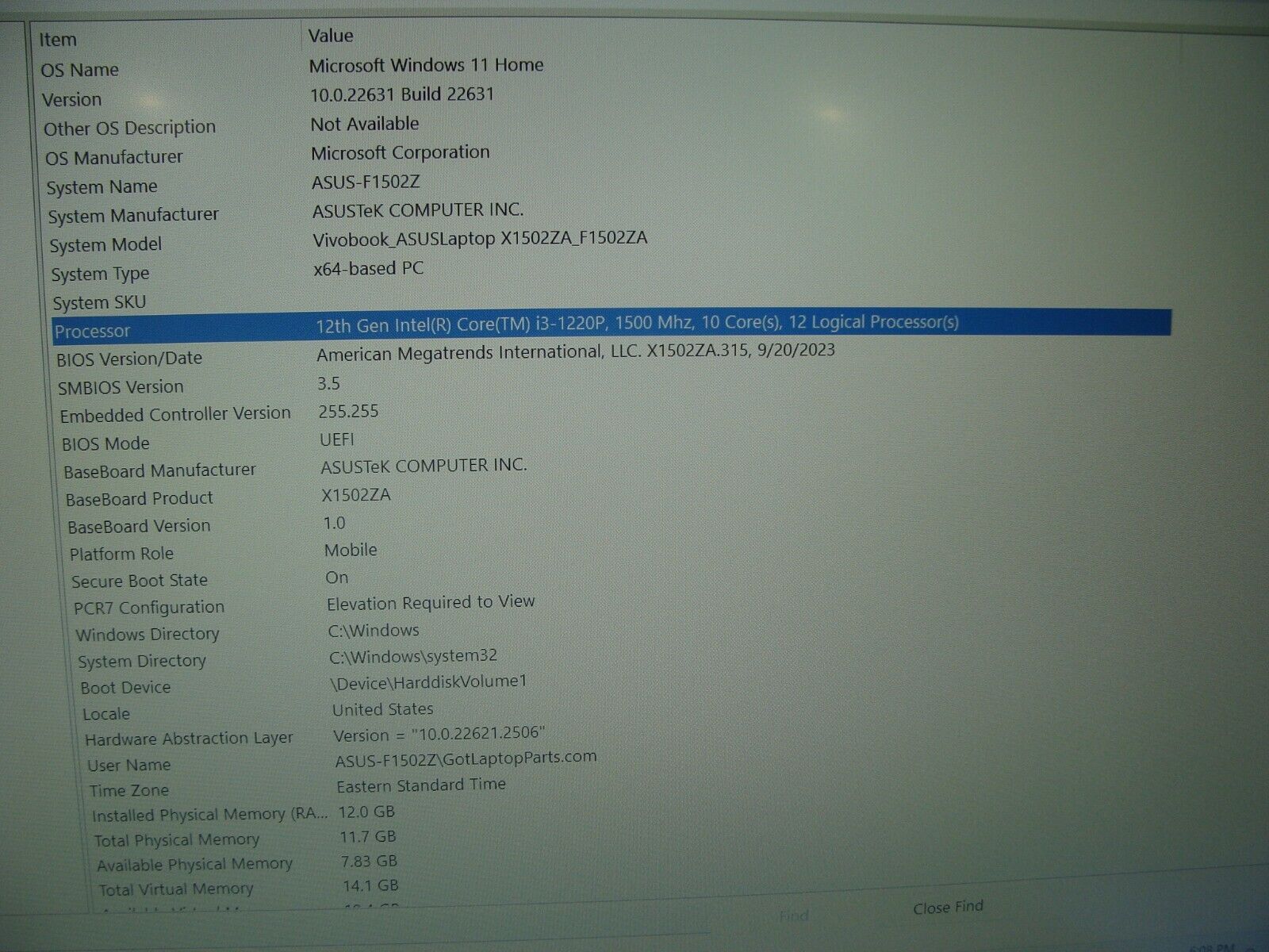Grade A Asus VivoBook F1502ZA 15.6FHD Intel i3-1220P 1.5GHz 12GB 256GB SSD