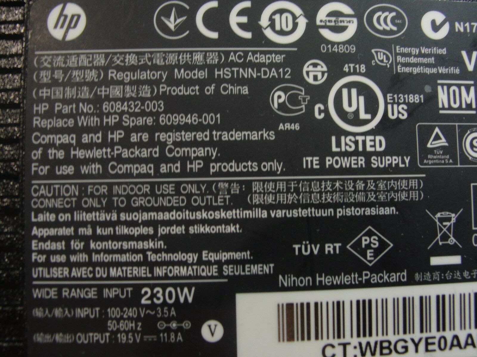 Genuine HP AC Adapter Power Charger 19.5V 11.8A 230W 609946-001 
