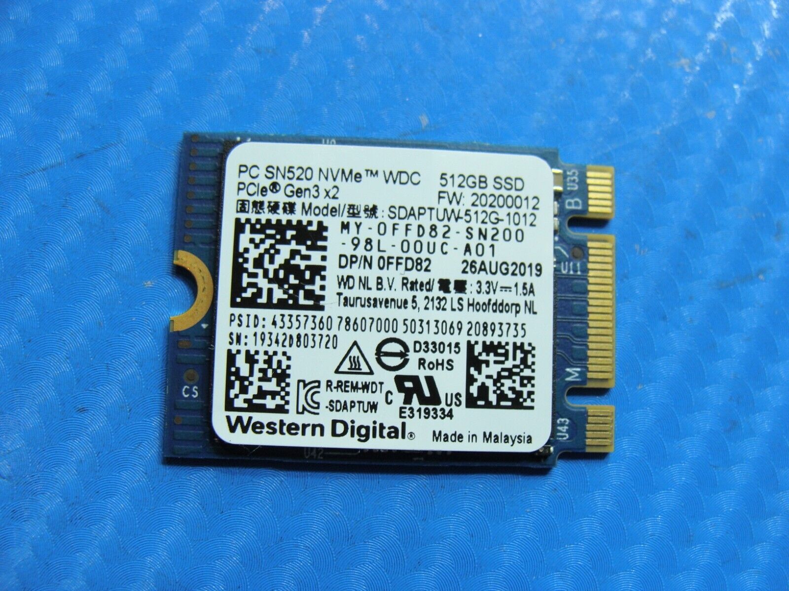 Dell 5300 Western Digital 512GB NVMe M.2 SSD Solid State Drive SDAPTUW-512G-1012