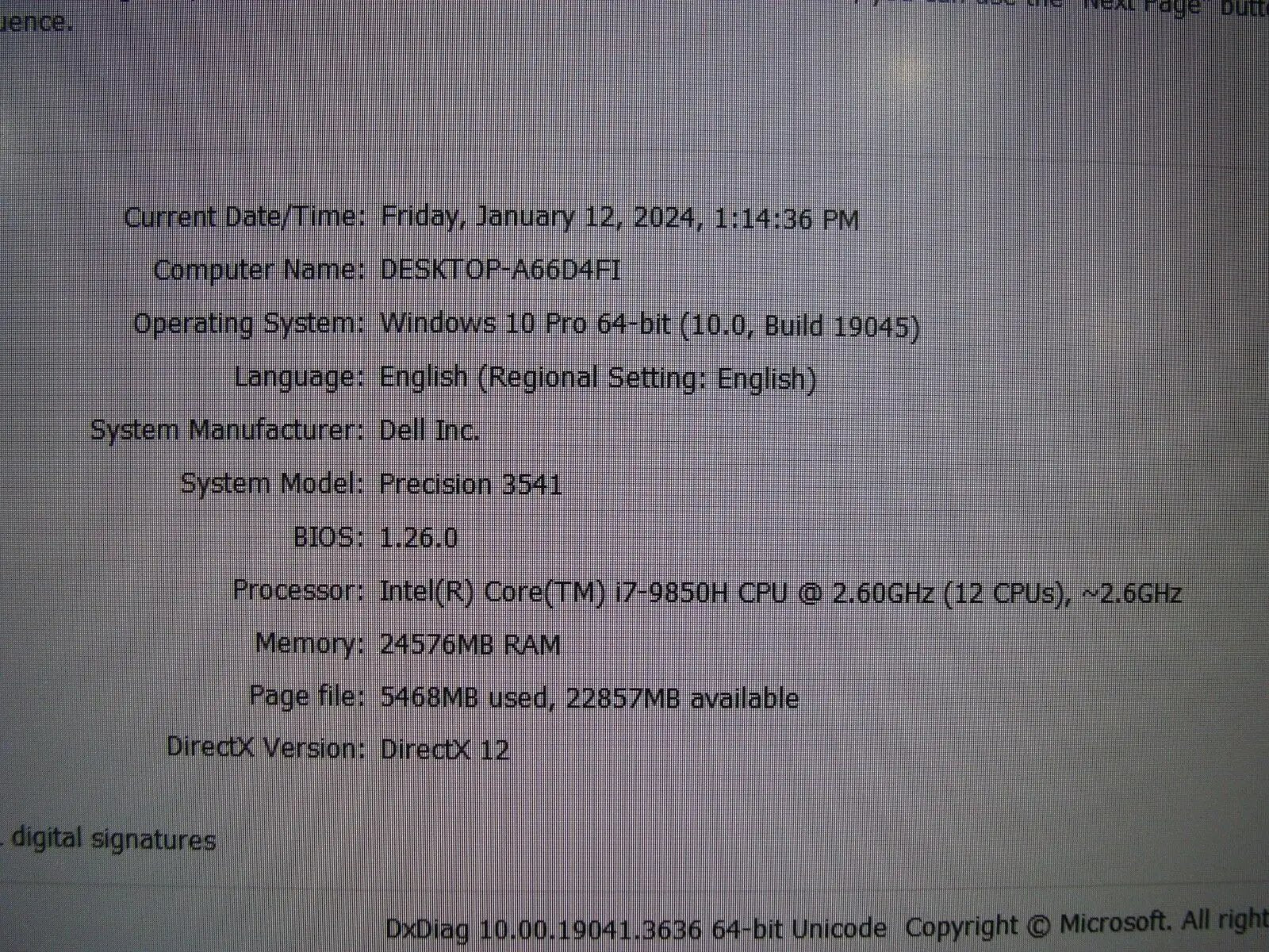 Dell Precision 3541 15.6 FHD i7-9850H 2.6GHz 24GB 512GB Nvidia P620 +Charger