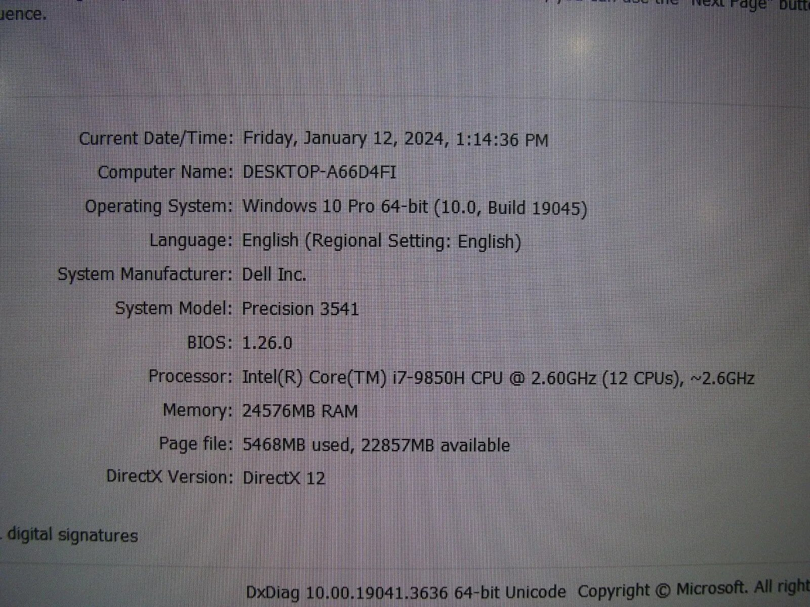 Dell Precision 3541 15.6 FHD i7-9850H 2.6GHz 24GB 512GB Nvidia P620 +Charger